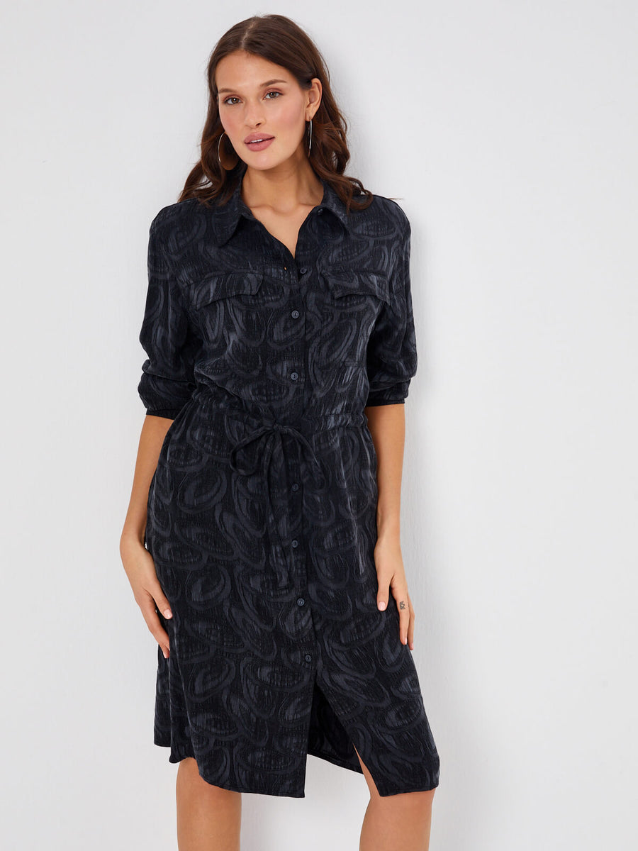 Black Self Jacquard Lyocell Tunnel Waist Shirt Dress 68291