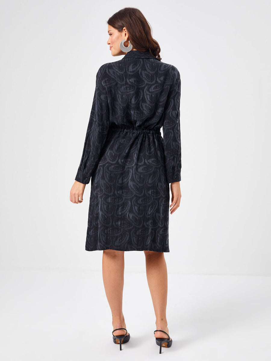 Black Self Jacquard Lyocell Tunnel Waist Shirt Dress 68291