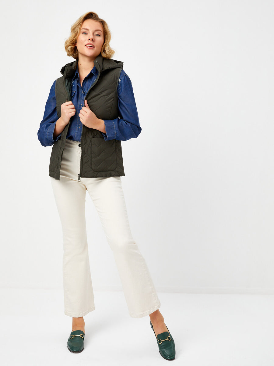 Khaki Patch Pocket Detailed Hooded Quilted Vest 68484