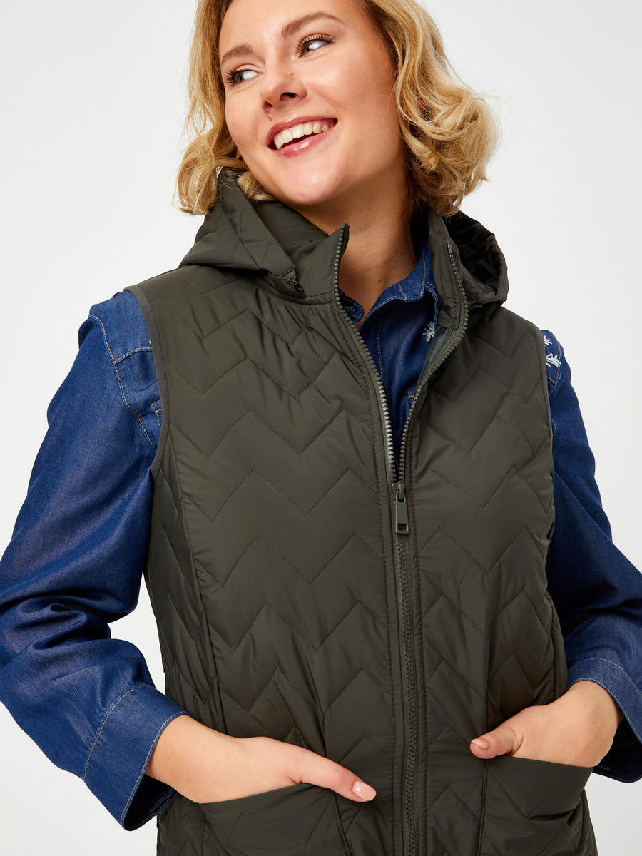 Khaki Patch Pocket Detailed Hooded Quilted Vest 68484