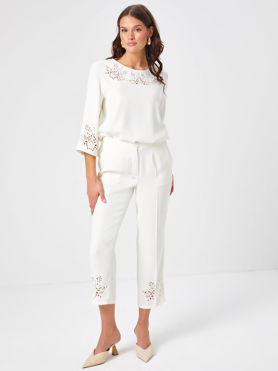 Ecru Slim Fitting Trousers With Hole Embroidery On Trotters