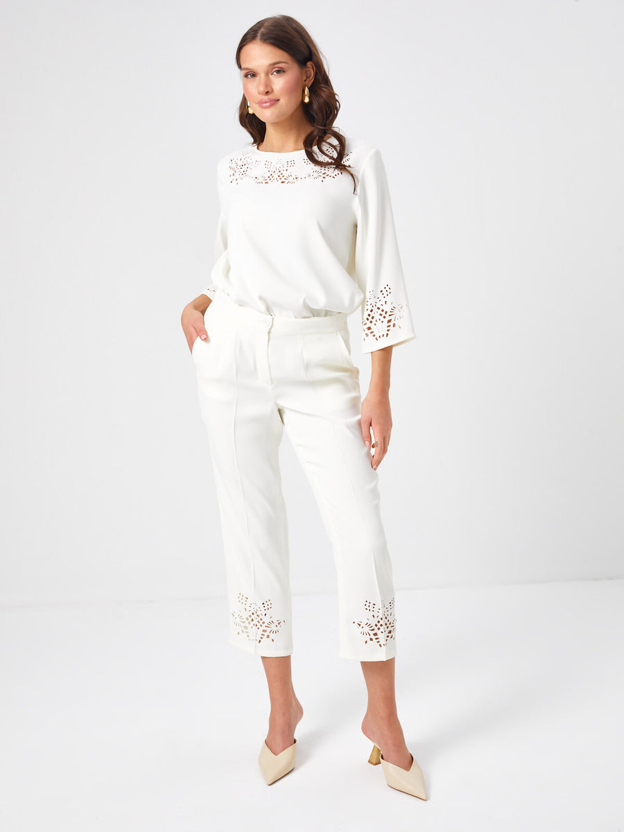 Ecru Slim Fitting Trousers With Hole Embroidery On Trotters