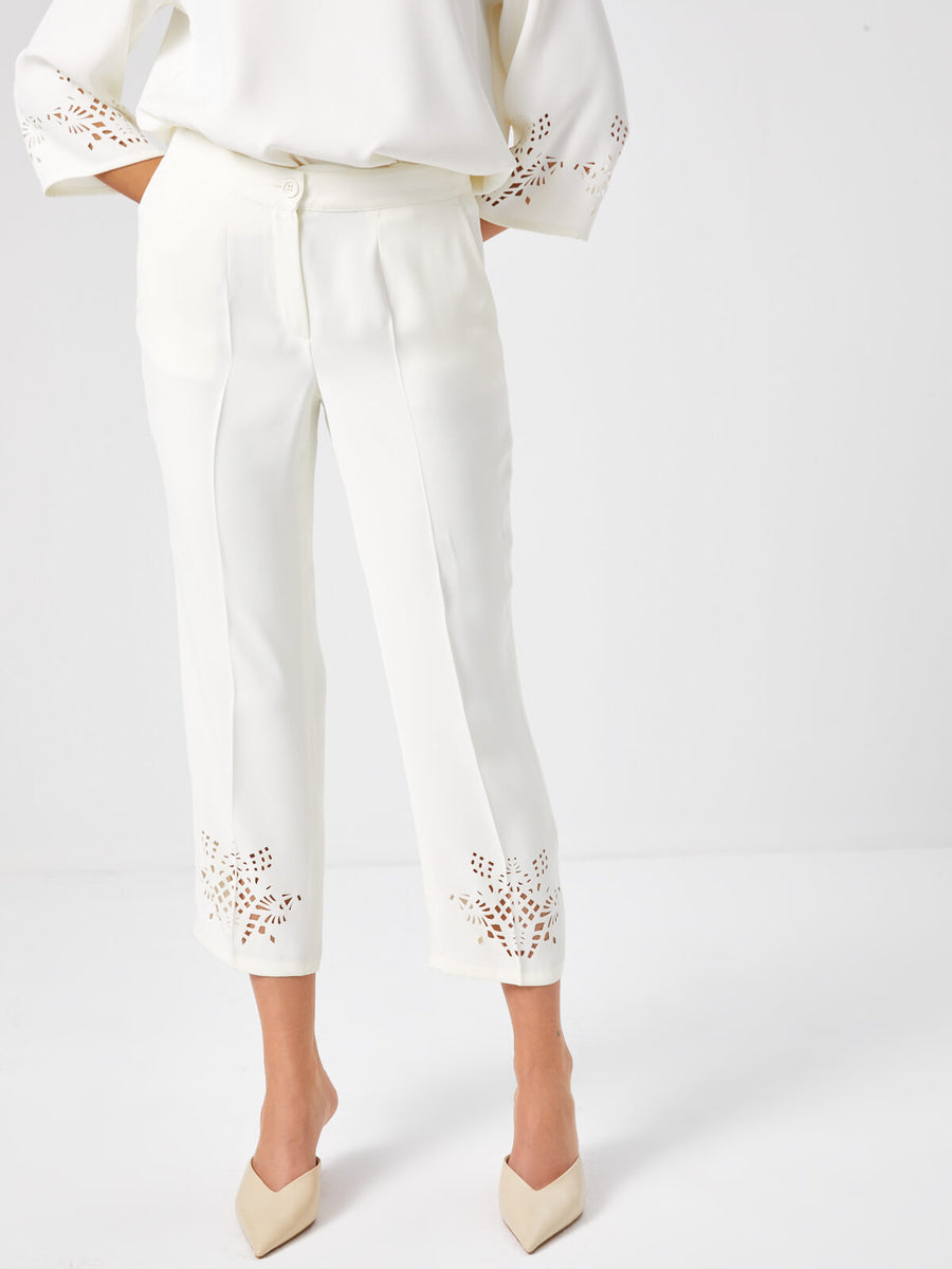 Ecru Slim Fitting Trousers With Hole Embroidery On Trotters