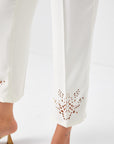 Ecru Slim Fitting Trousers With Hole Embroidery On Trotters