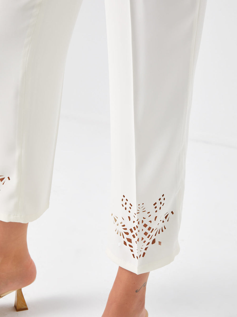 Ecru Slim Fitting Trousers With Hole Embroidery On Trotters