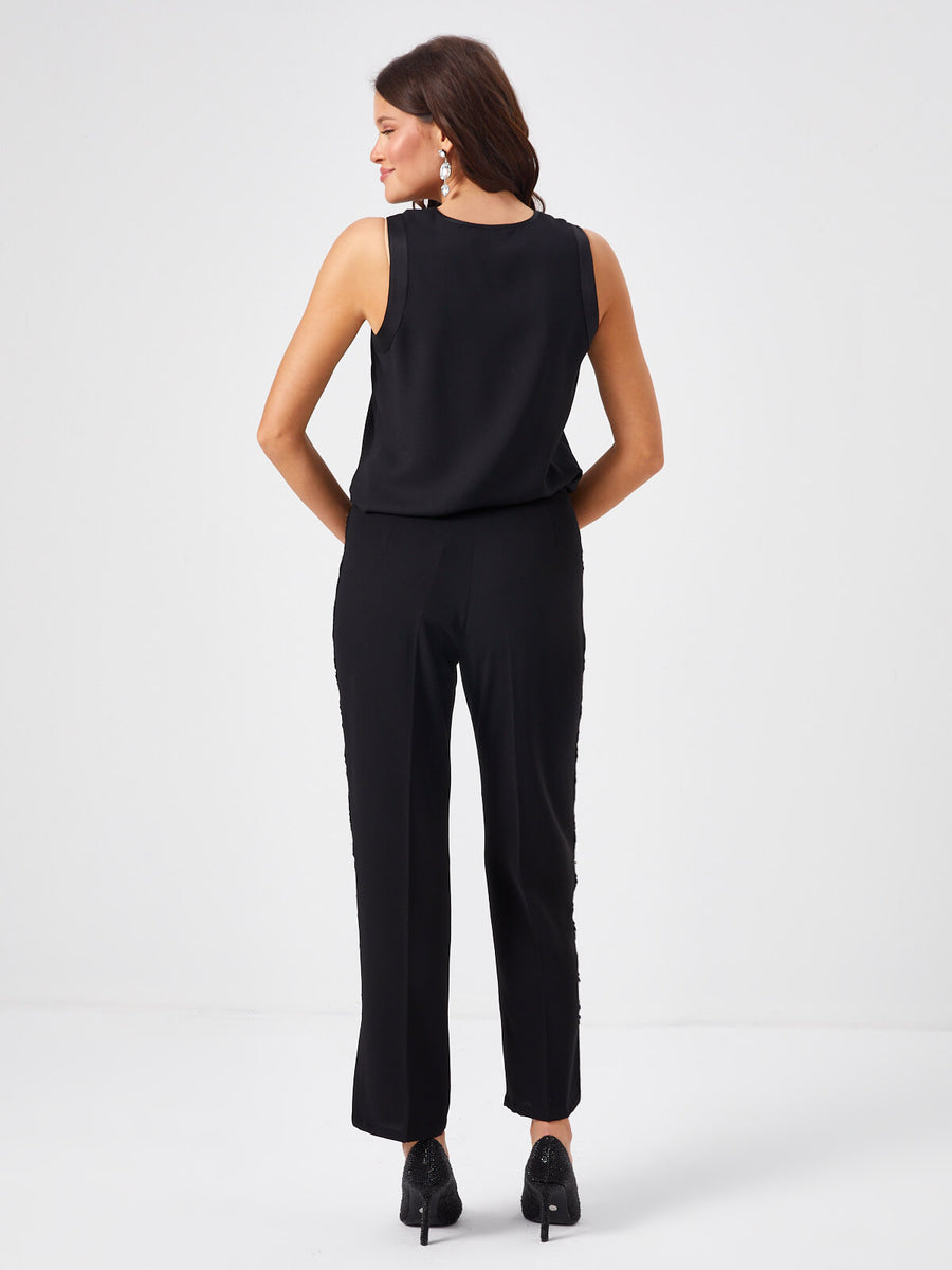 Black Slim Fit Trousers With Lace And Stone Embroidery