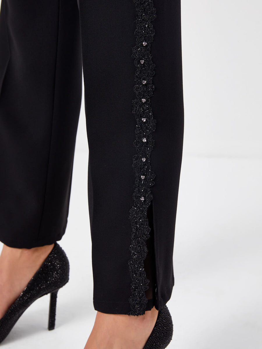 Black Slim Fit Trousers With Lace And Stone Embroidery