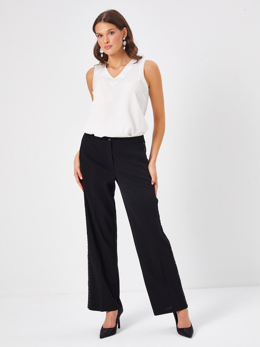 Black Straight Fit Trousers With Glitter Bias Stripe