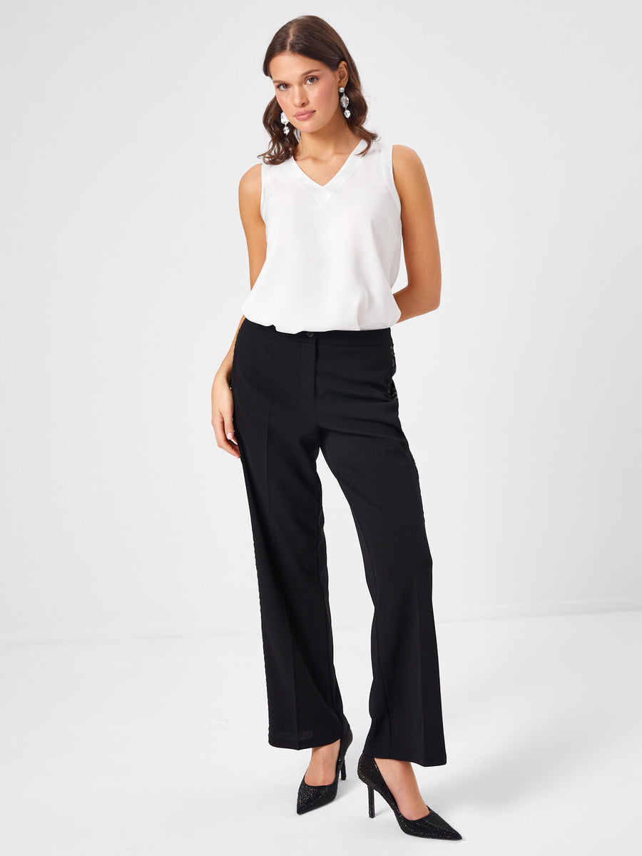 Black Straight Fit Trousers With Glitter Bias Stripe