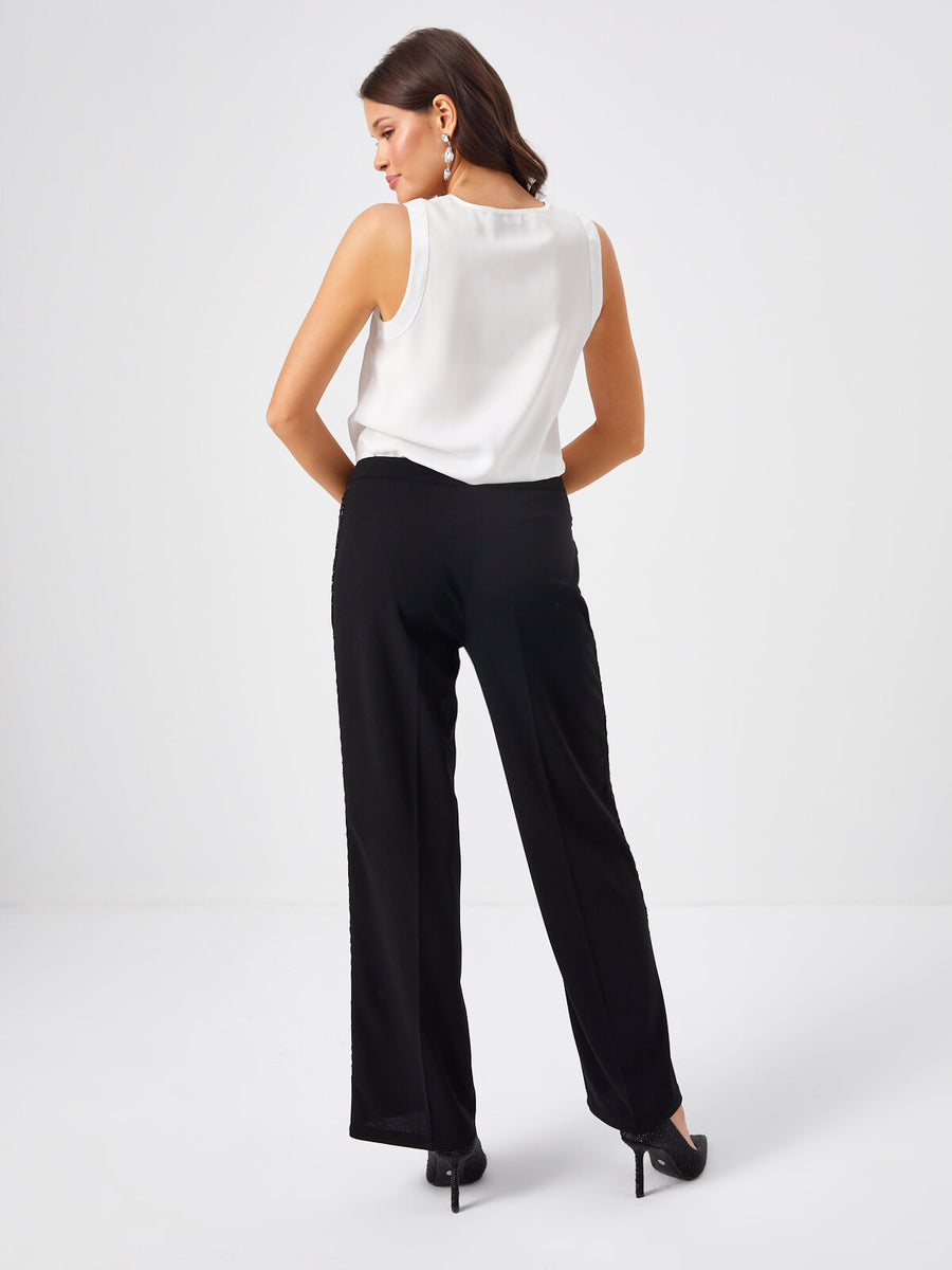 Black Straight Fit Trousers With Glitter Bias Stripe