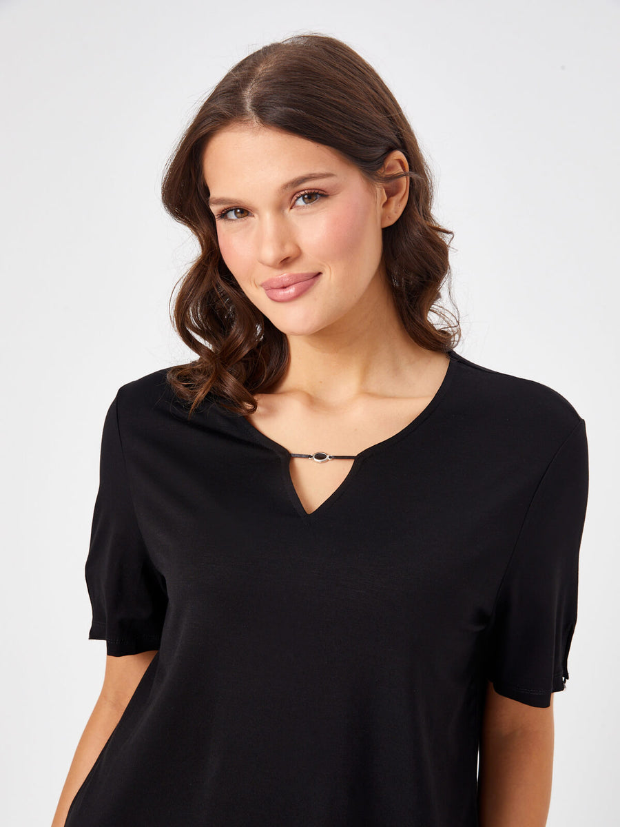 Black Knitted Blouse With Metal Accessories On The Collar