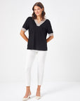 Black V - neck T - shirt With Lace Collar And Sleeve Detail