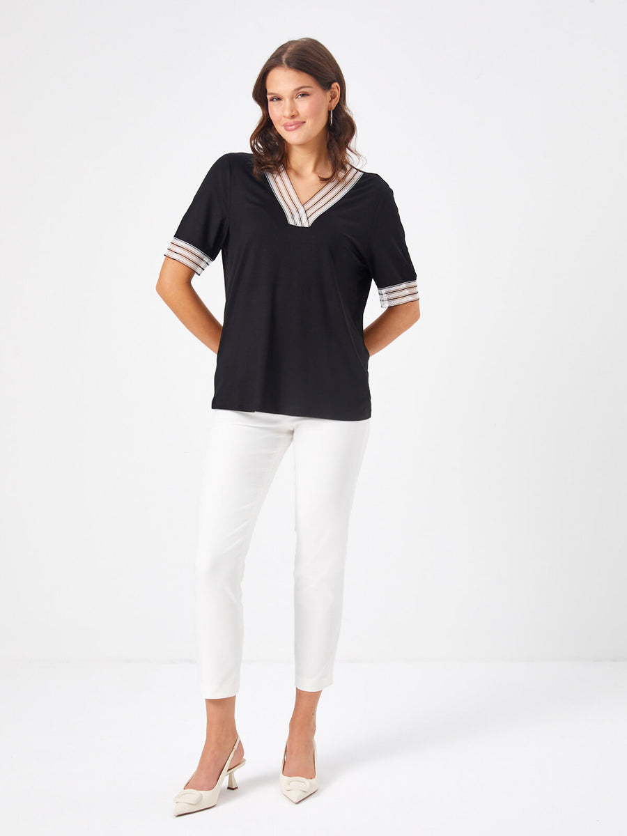 Black V - neck T - shirt With Lace Collar And Sleeve Detail