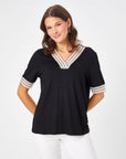 Black V - neck T - shirt With Lace Collar And Sleeve Detail