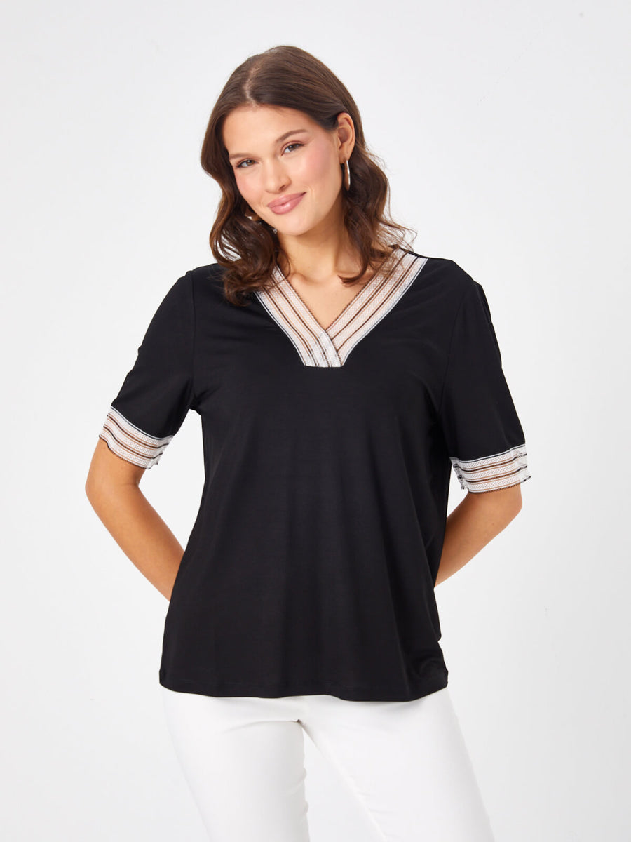 Black V - neck T - shirt With Lace Collar And Sleeve Detail