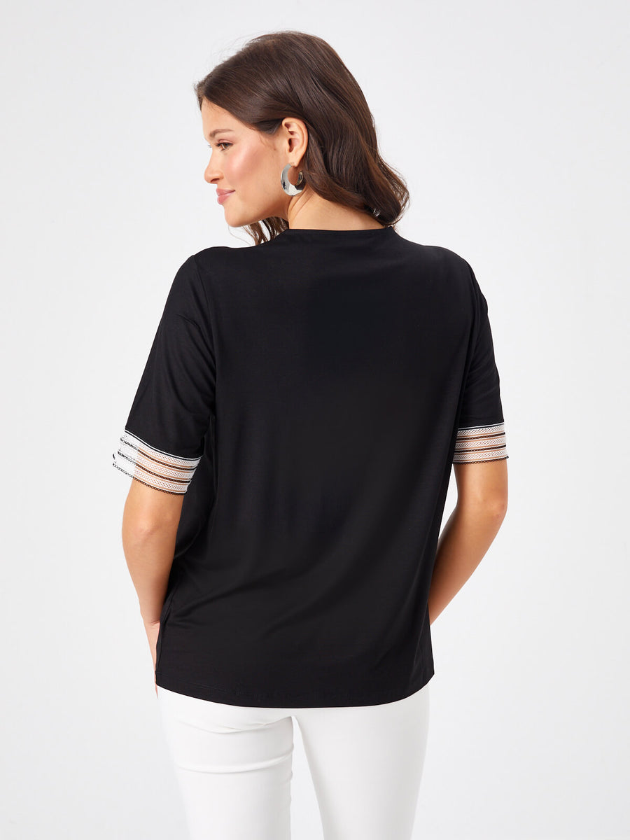 Black V - neck T - shirt With Lace Collar And Sleeve Detail