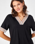 Black V - neck T - shirt With Lace Collar And Sleeve Detail