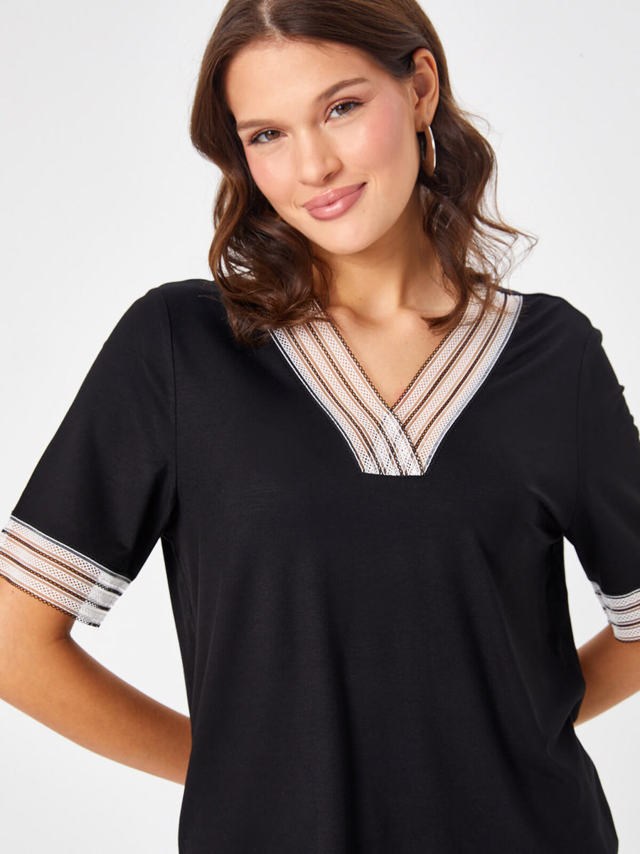 Black V - neck T - shirt With Lace Collar And Sleeve Detail