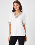 Ecru V - neck T - shirt With Lace Collar And Sleeve Detail