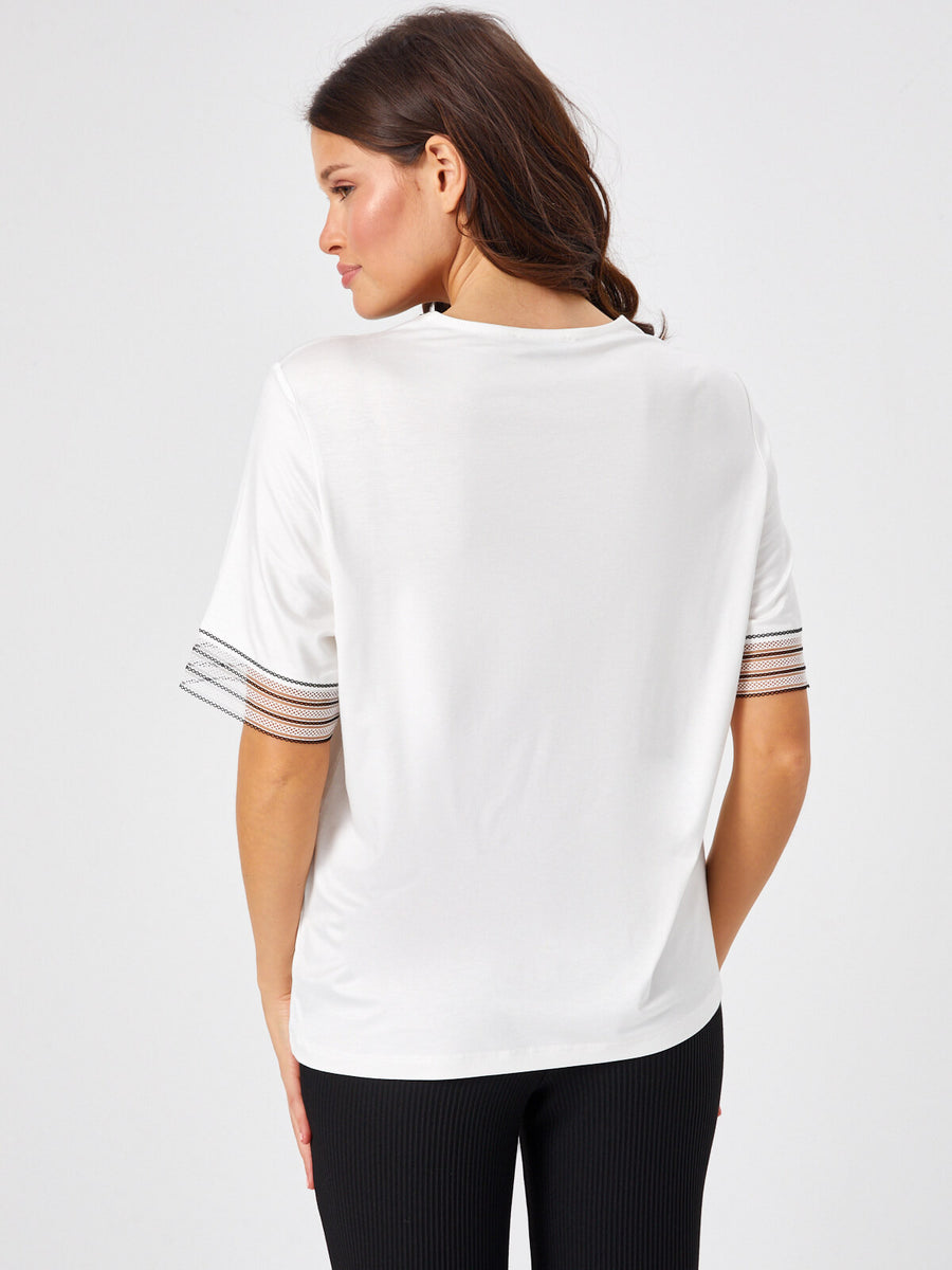 Ecru V - neck T - shirt With Lace Collar And Sleeve Detail