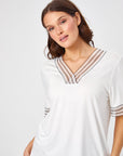 Ecru V - neck T - shirt With Lace Collar And Sleeve Detail