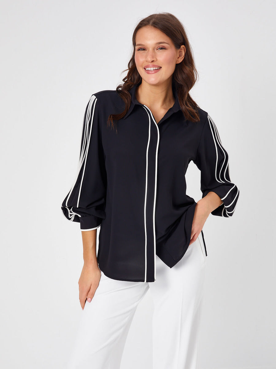 Black Sleeves Pleated Detailed Shirt With Contrast Binding