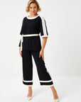 Black Color Block Short Sleeve Tunic With Belt 68685