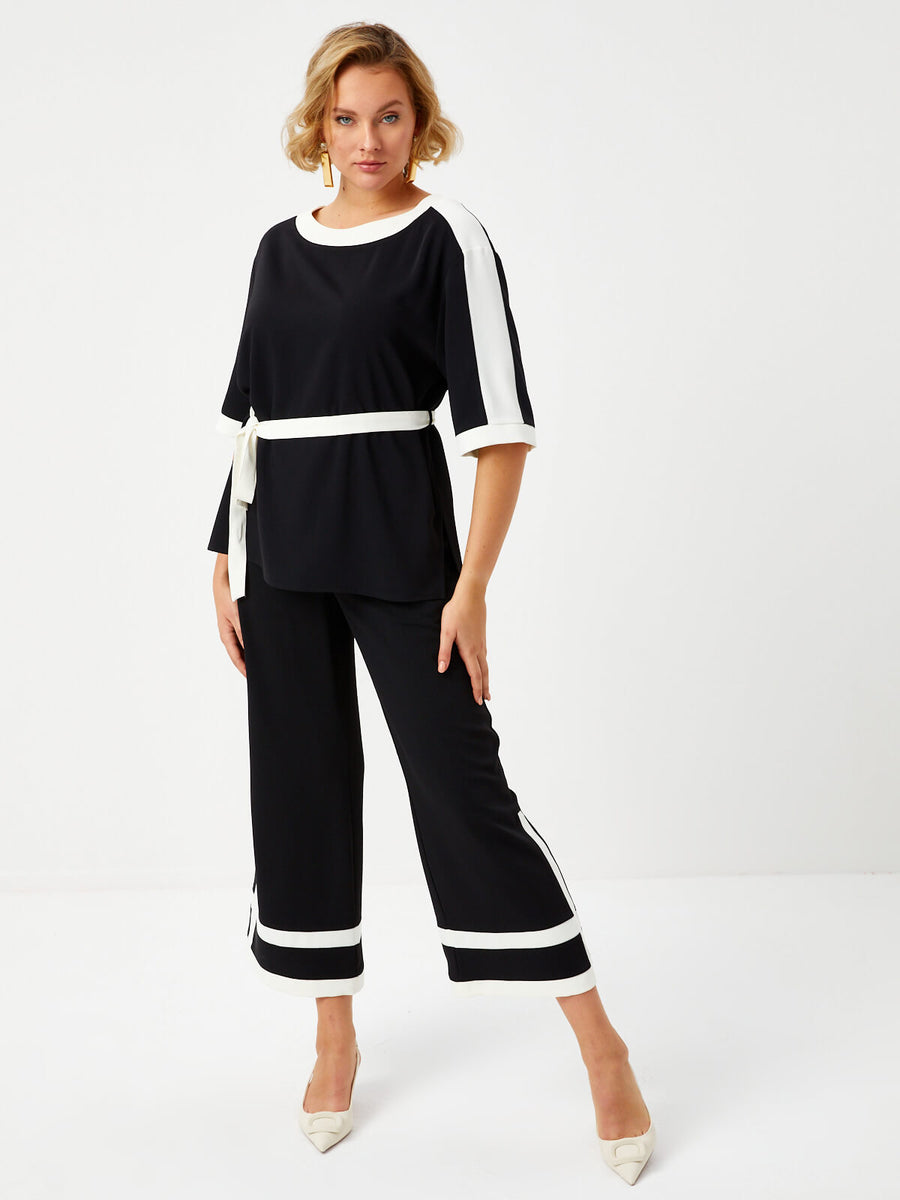 Black Color Block Short Sleeve Tunic With Belt 68685