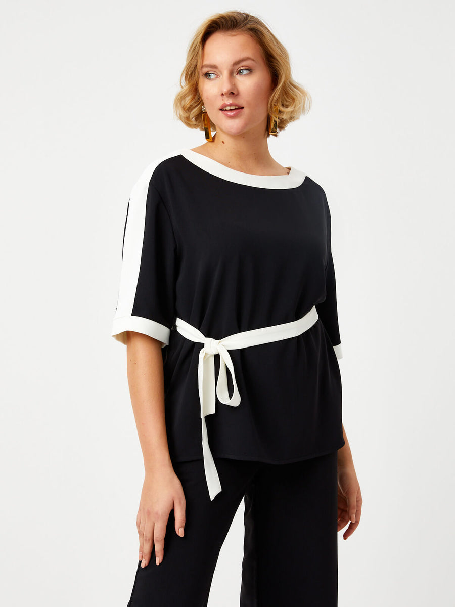 Black Color Block Short Sleeve Tunic With Belt 68685