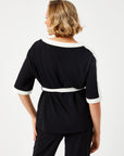 Black Color Block Short Sleeve Tunic With Belt 68685