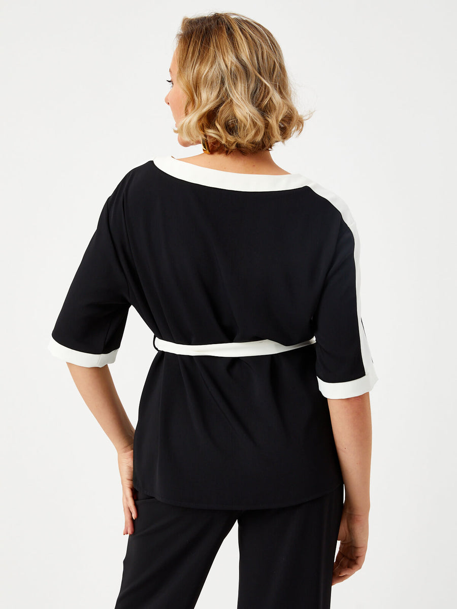 Black Color Block Short Sleeve Tunic With Belt 68685