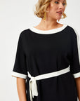 Black Color Block Short Sleeve Tunic With Belt 68685