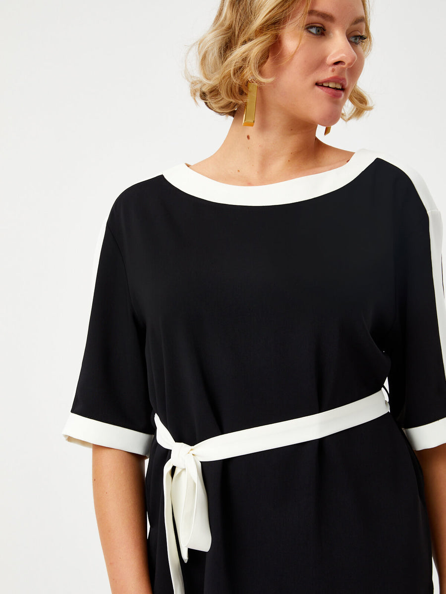 Black Color Block Short Sleeve Tunic With Belt 68685