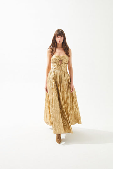 Gold Shiny Drawstring Rope Strap Window Long Dress