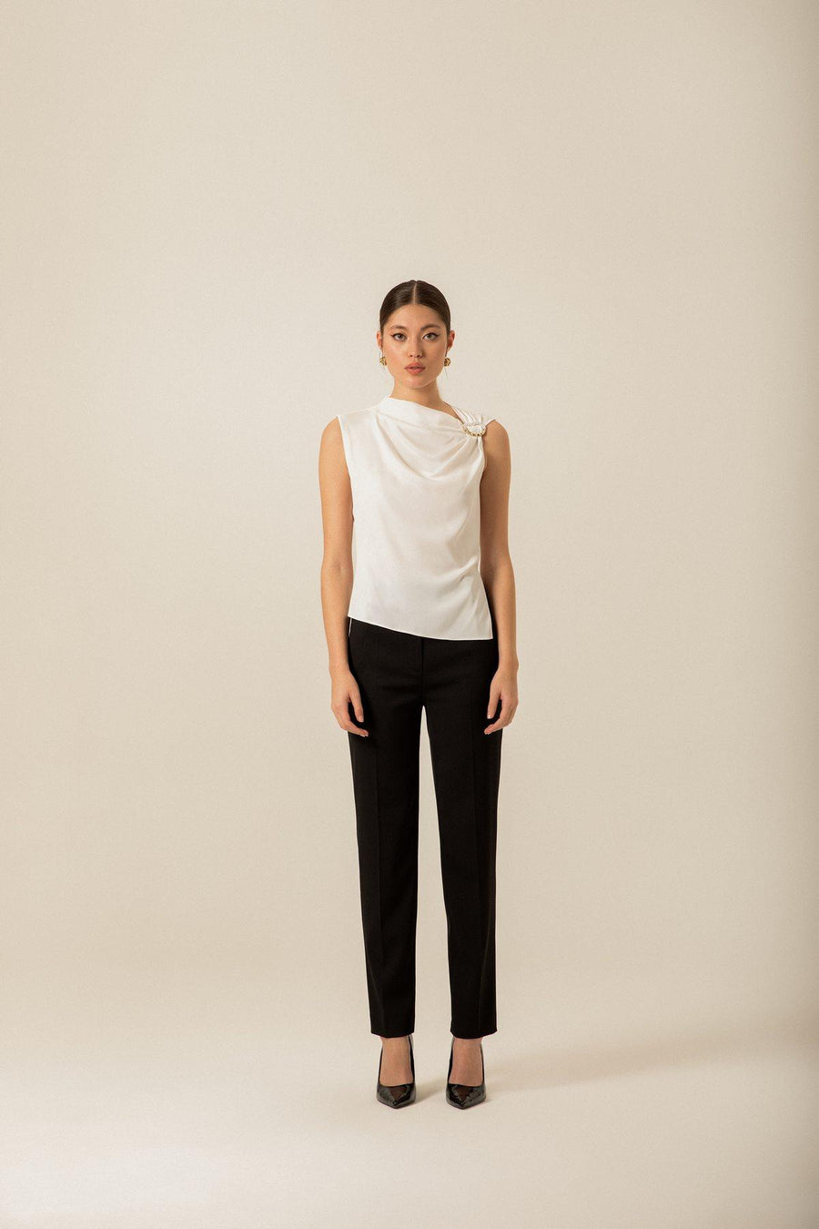 Cowl Neckline Ecru Blouse With Accessories | Porterist