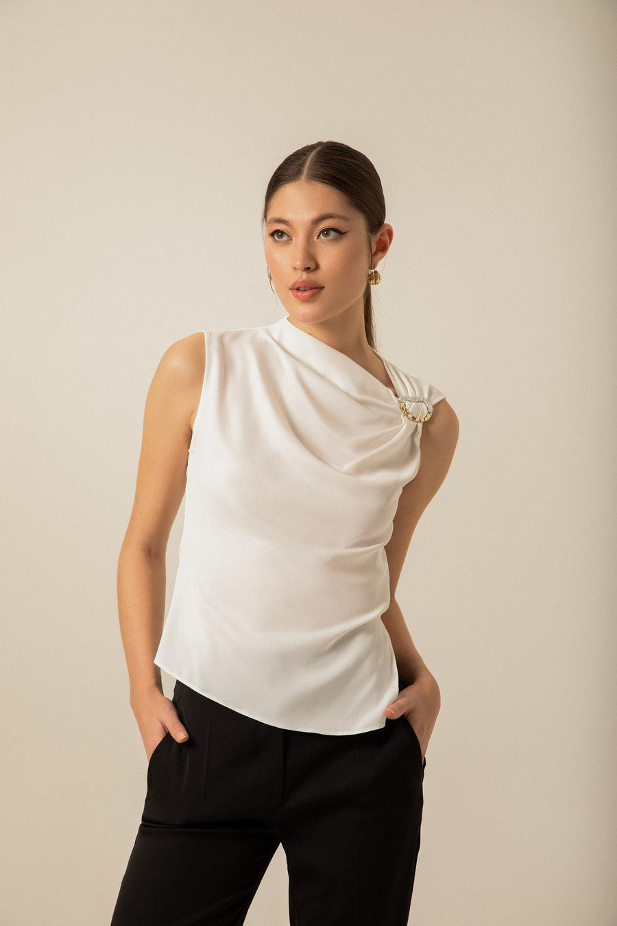 Cowl Neckline Ecru Blouse With Accessories | Porterist