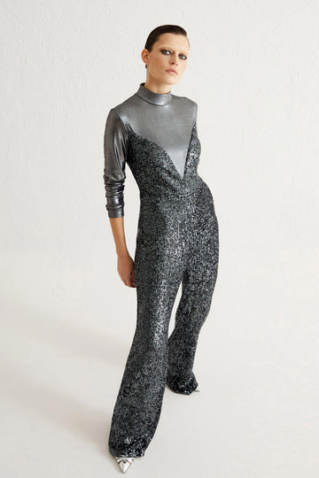 Anthracite Sequined Garnish Long Sleeve Jumpsuit