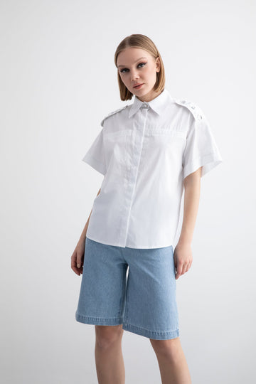 White Oversize Shirt With Epaulette Crystal Stone Pocket
