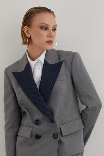 Striped Gray Women’s Suit With Blazer Jacket And Palazzo