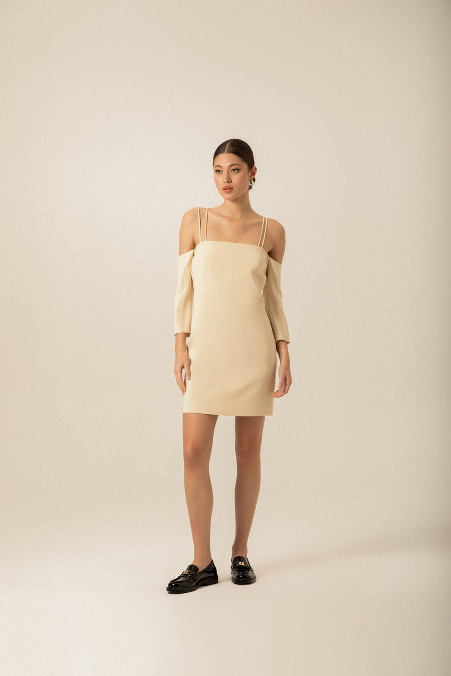 Crepe Ecru Mini Dress With Cross Strap Detail | Porterist