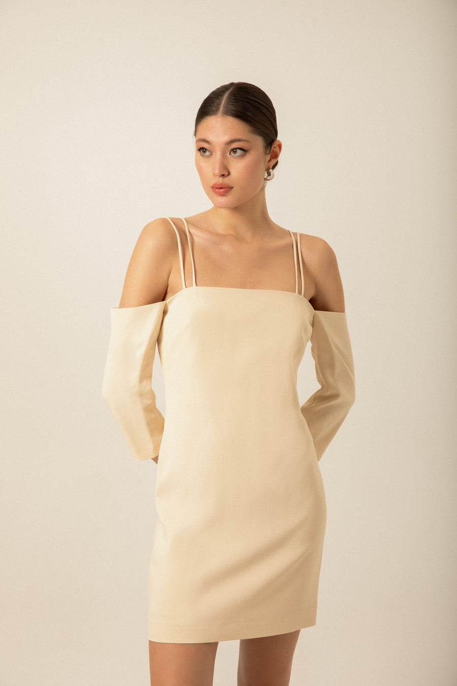 Crepe Ecru Mini Dress With Cross Strap Detail | Porterist