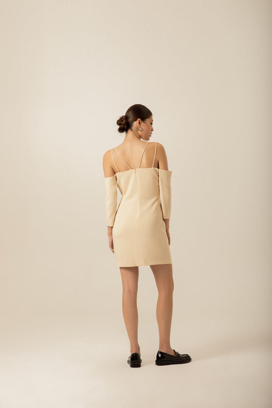 Crepe Ecru Mini Dress With Cross Strap Detail | Porterist