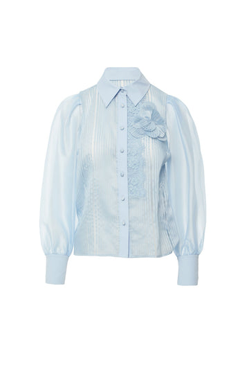 Transparent Blue Shirt With Lace Accessories Floral Brooch
