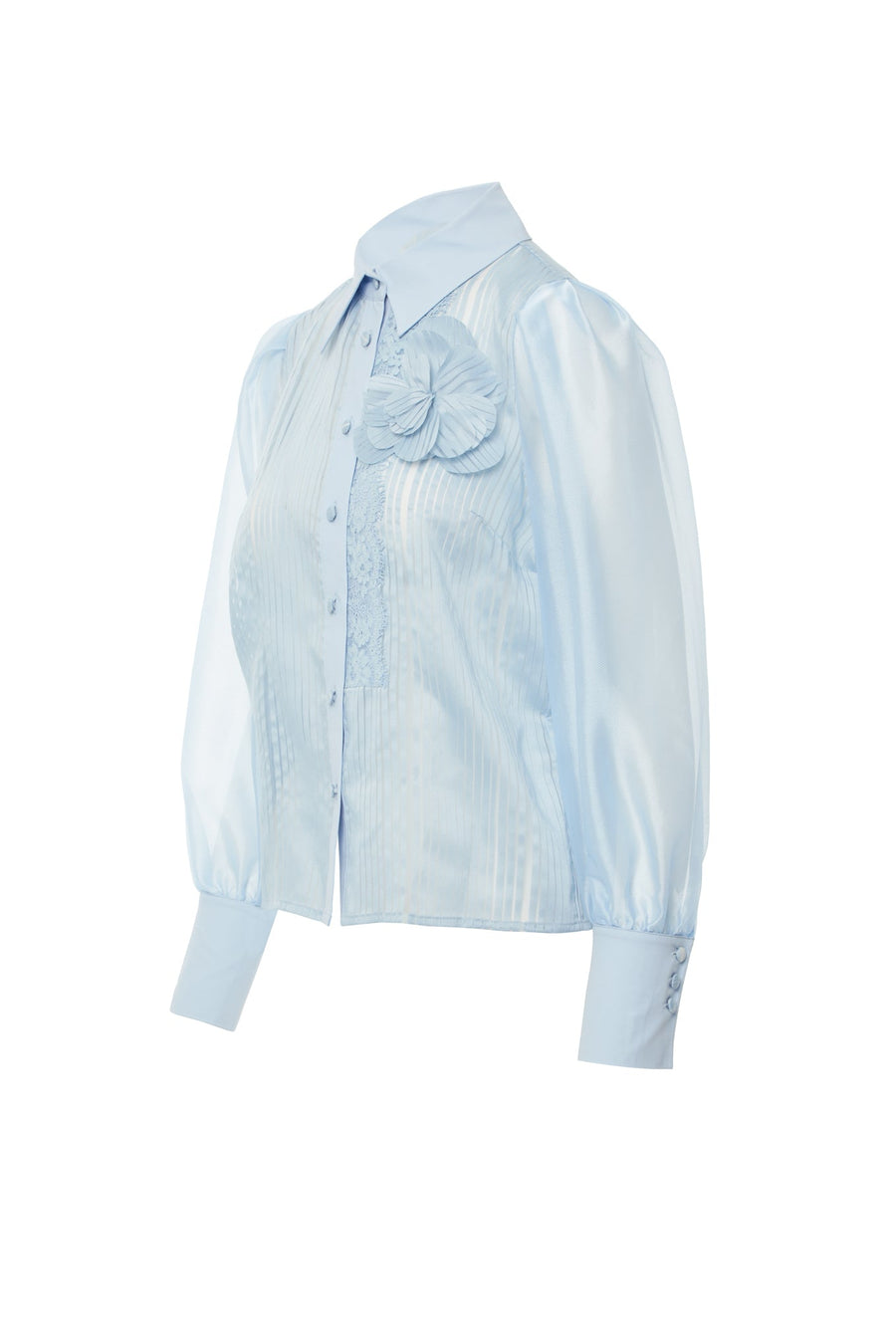 Transparent Blue Shirt With Lace Accessories Floral Brooch