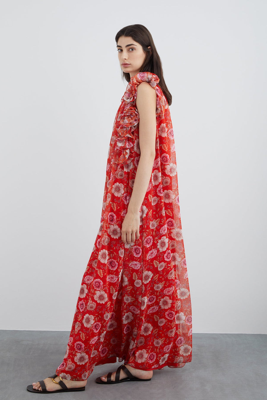 Floral Patterned Red Chiffon Dress | Porterist