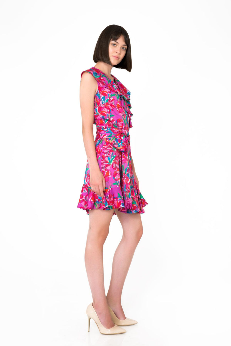 Floral Patterned Sleeveless Pink Mini Dress | Porterist