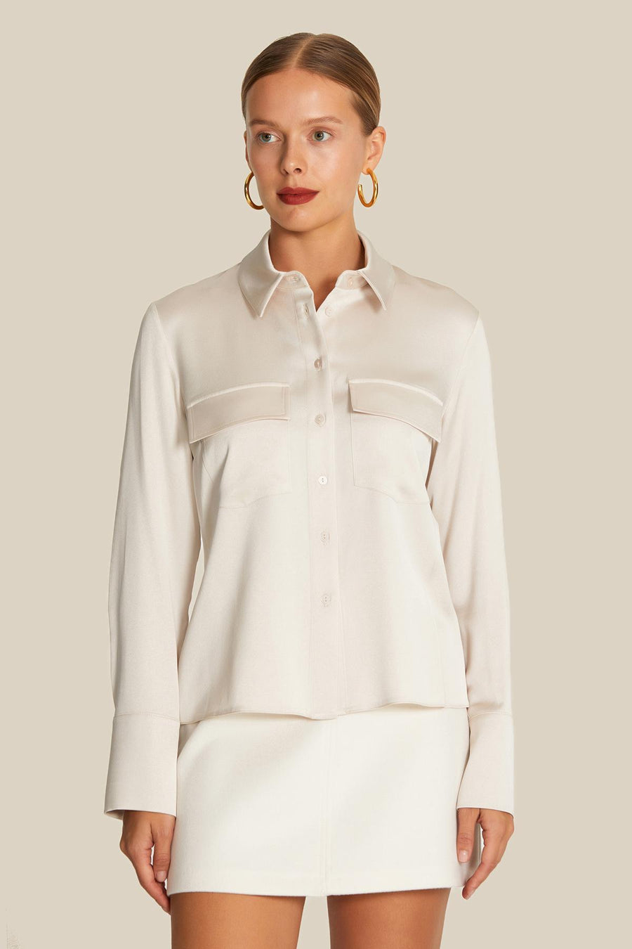 Double Pocket Detailed Beige Satin Shirt | Porterist