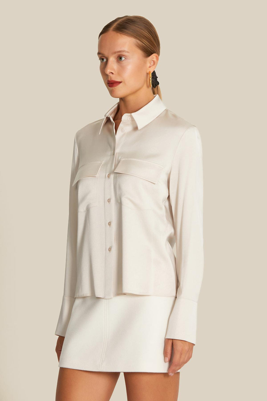 Double Pocket Detailed Beige Satin Shirt | Porterist