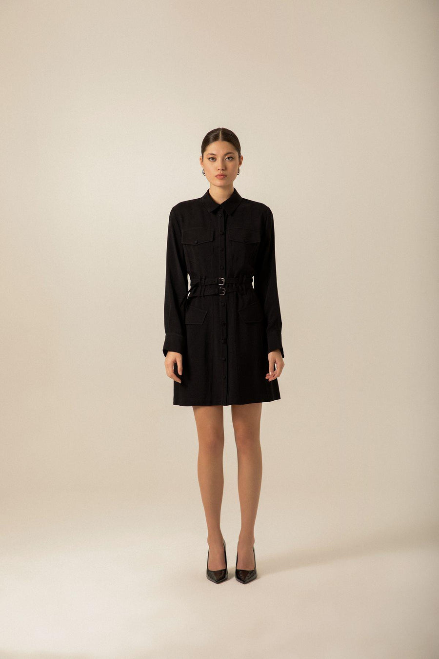 Black Shirt Dress With Double Belt | Porterist