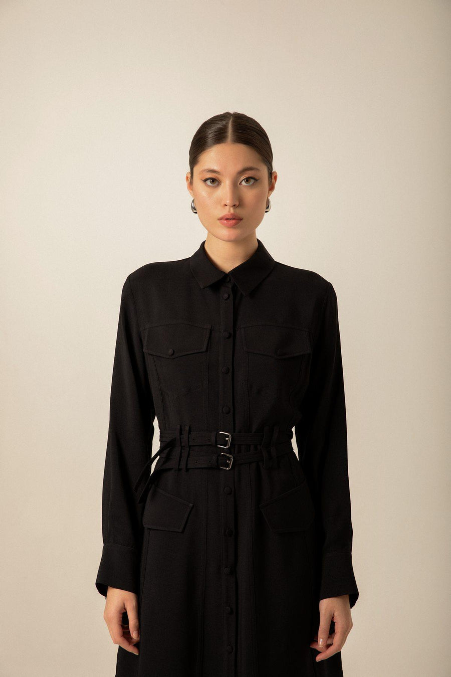 Black Shirt Dress With Double Belt | Porterist